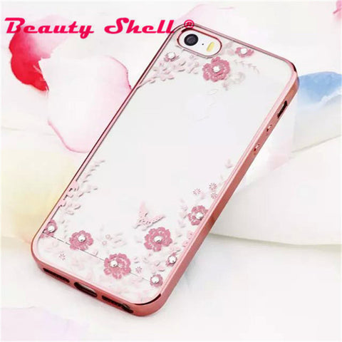 10pcs/Lot Luxury Electroplating Frame Rhinestone Secrect Garden Flower Cover Cases For iphone 5 5G 5S SE Girl Phone Shell EK1450